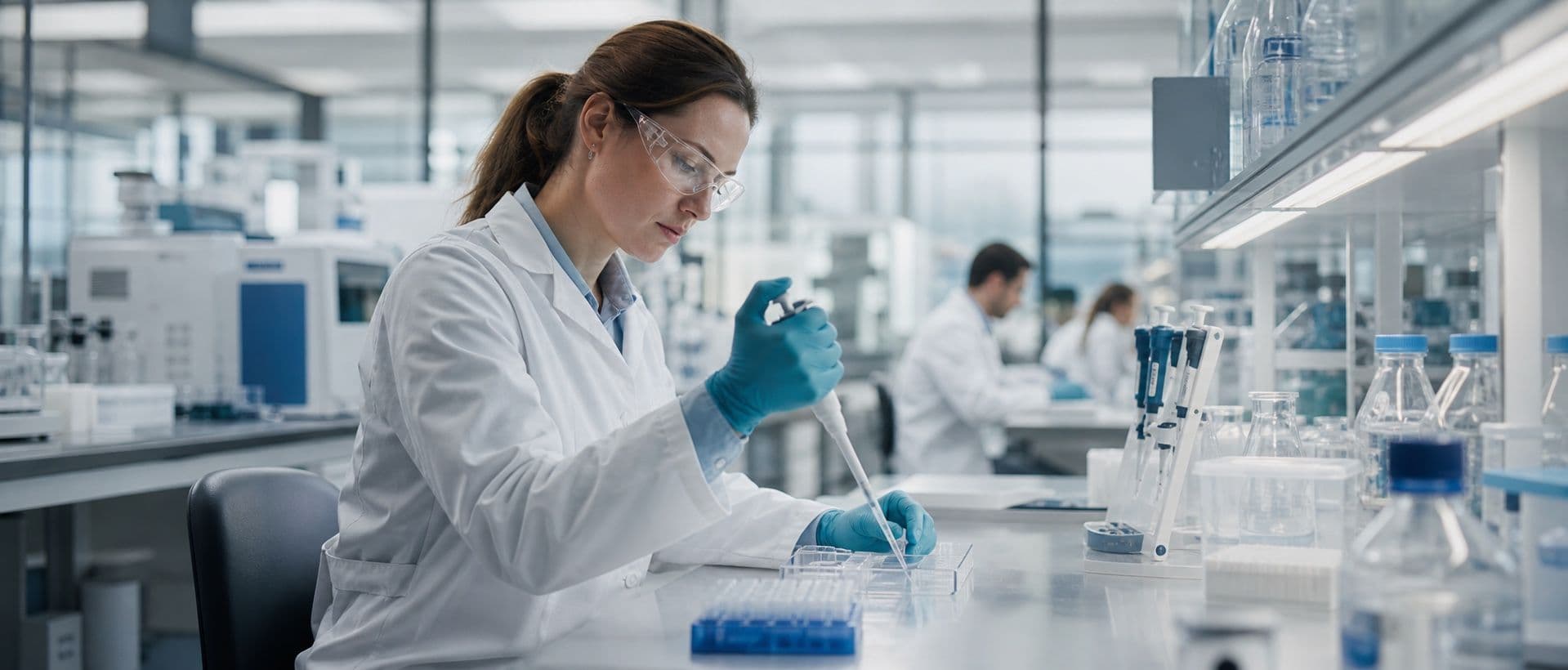 Research scientist working at a lab bench in a vaccine development facility