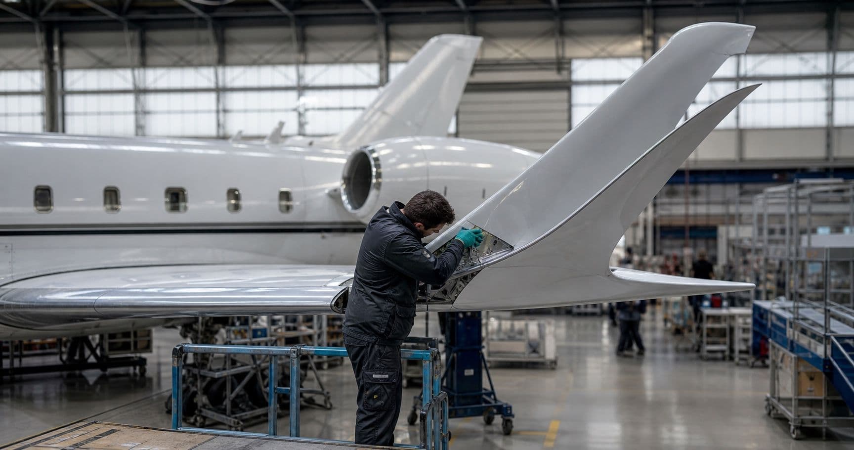 Specialist engineer working on an aircraft winglet modification in a hangar