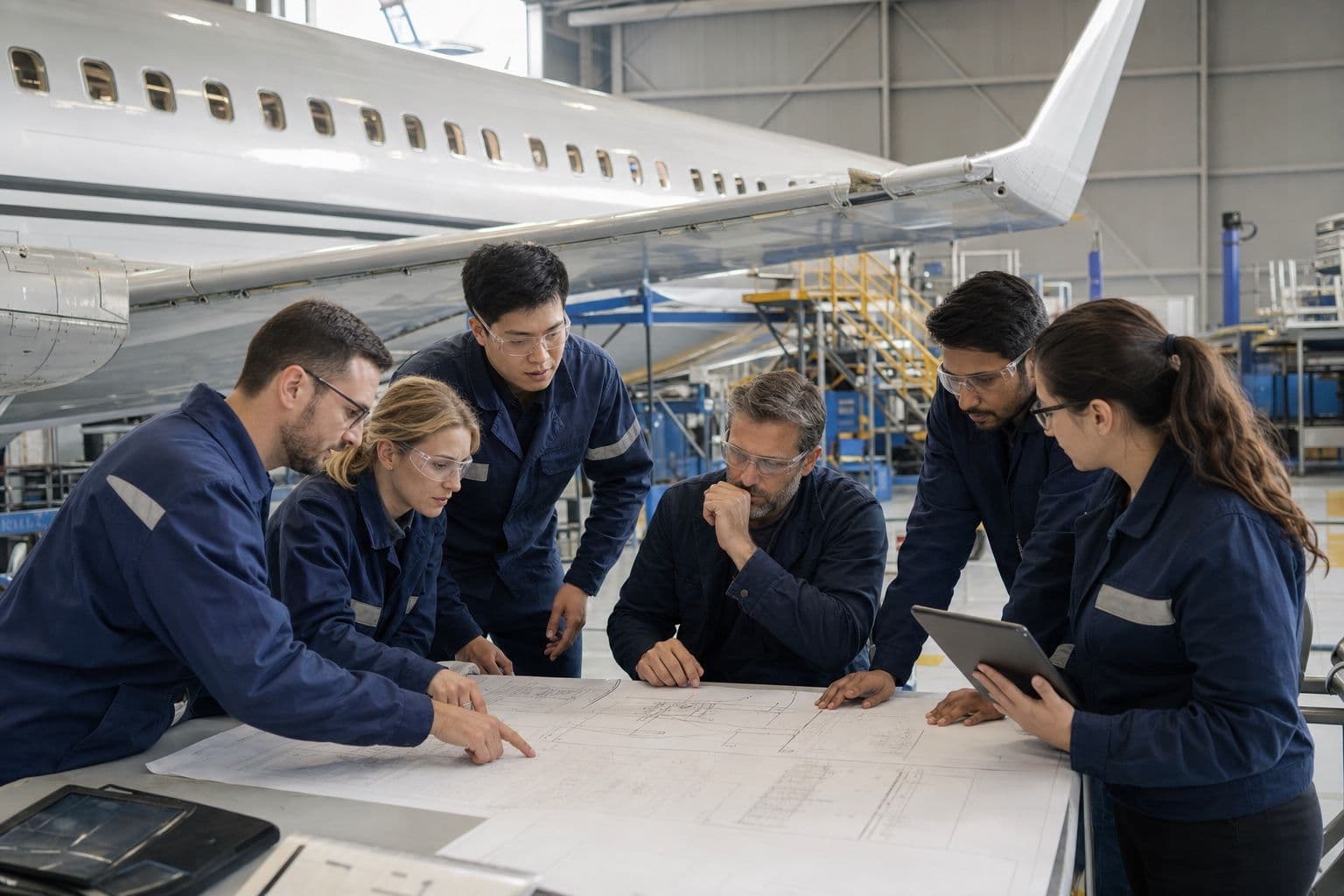 Engineering team reviewing technical drawings for an aircraft modification