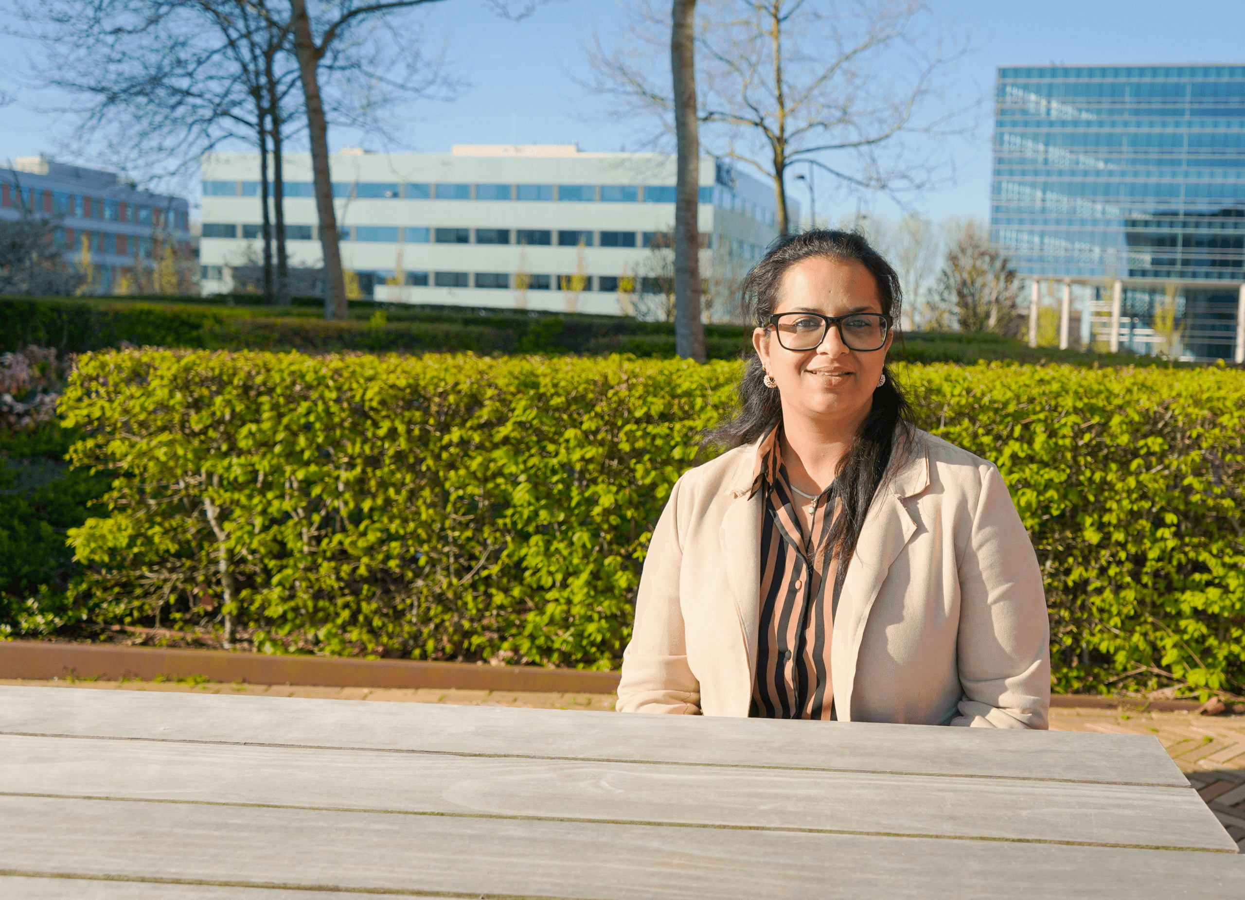 Sandhya Srinivasan outdoors at the Vertage office