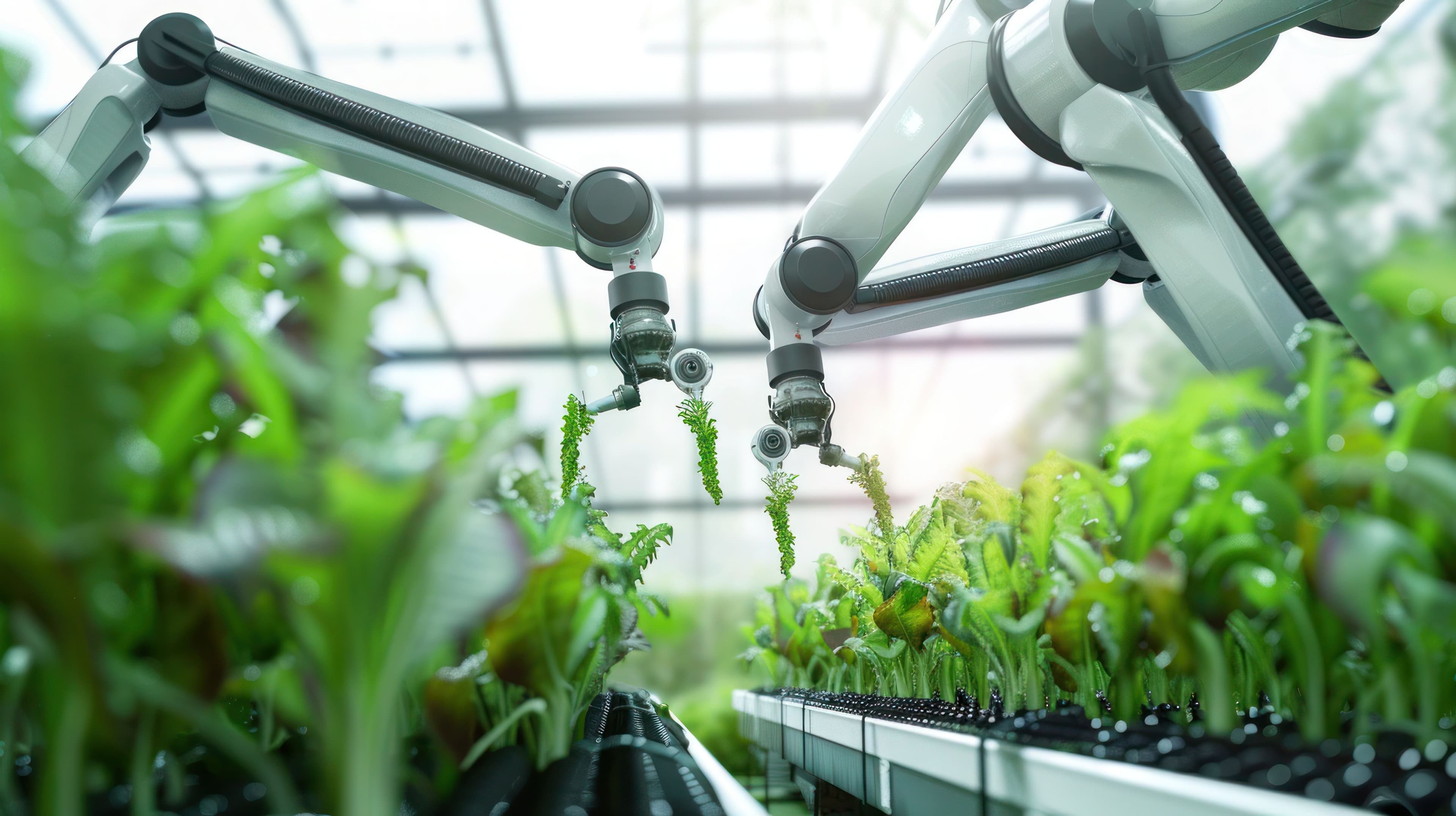 Robotic arms tending rows of leafy greens inside a greenhouse, pairing technology with environmental responsibility.