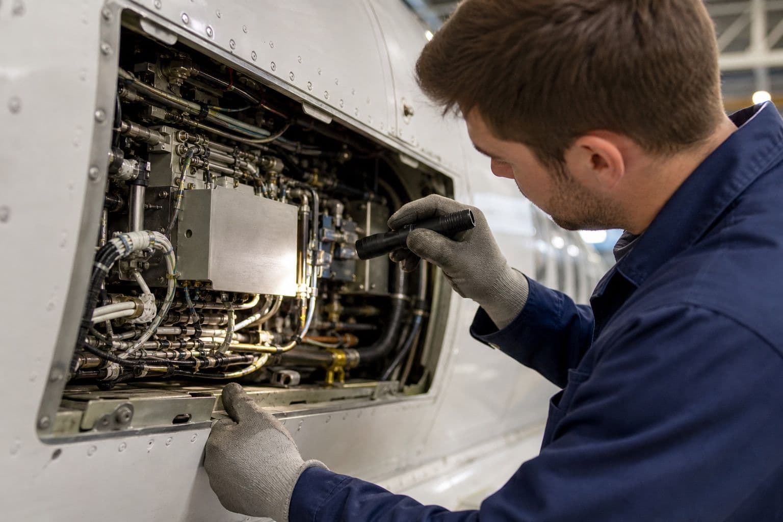 Close-up of an aircraft engineer inspecting a technical component