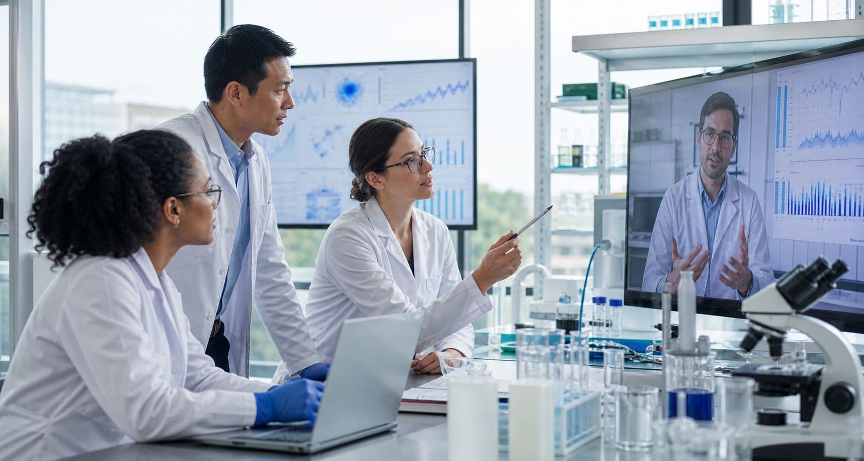 Scientists collaborating on lab results across a multi-site research team